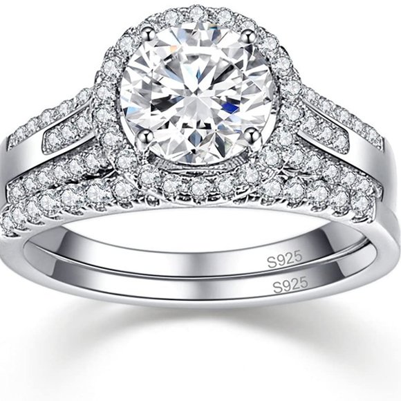 CZ Halo Bridal Set 925 Sterling Silver